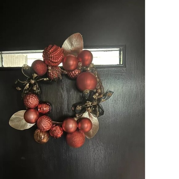 Natural Vine Wreath with Copper Ornaments and Black Gold Ribbon 12 " Christmas - Picture 4 of 4